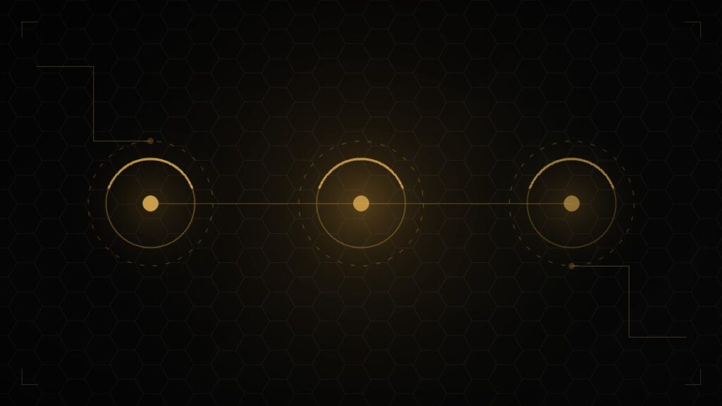 Three linked gold nodes representing sourcing, checking and shipping
