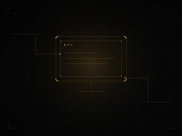 Line illustration of a desktop monitor in gold on black