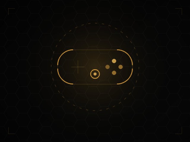 Line illustration of a game controller in gold on black
