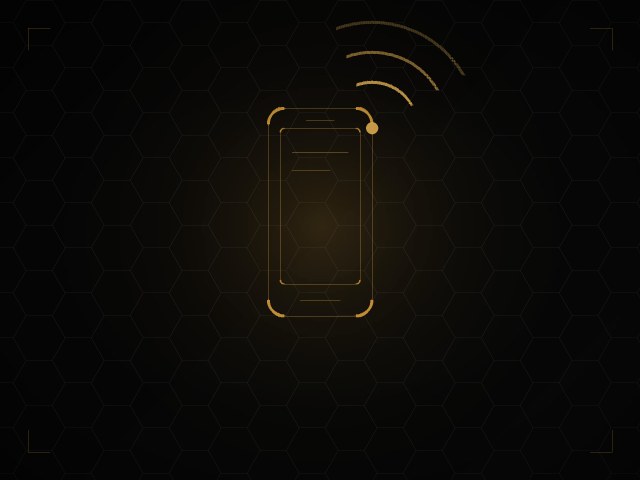 Line illustration of a smartphone with signal arcs, in gold on black